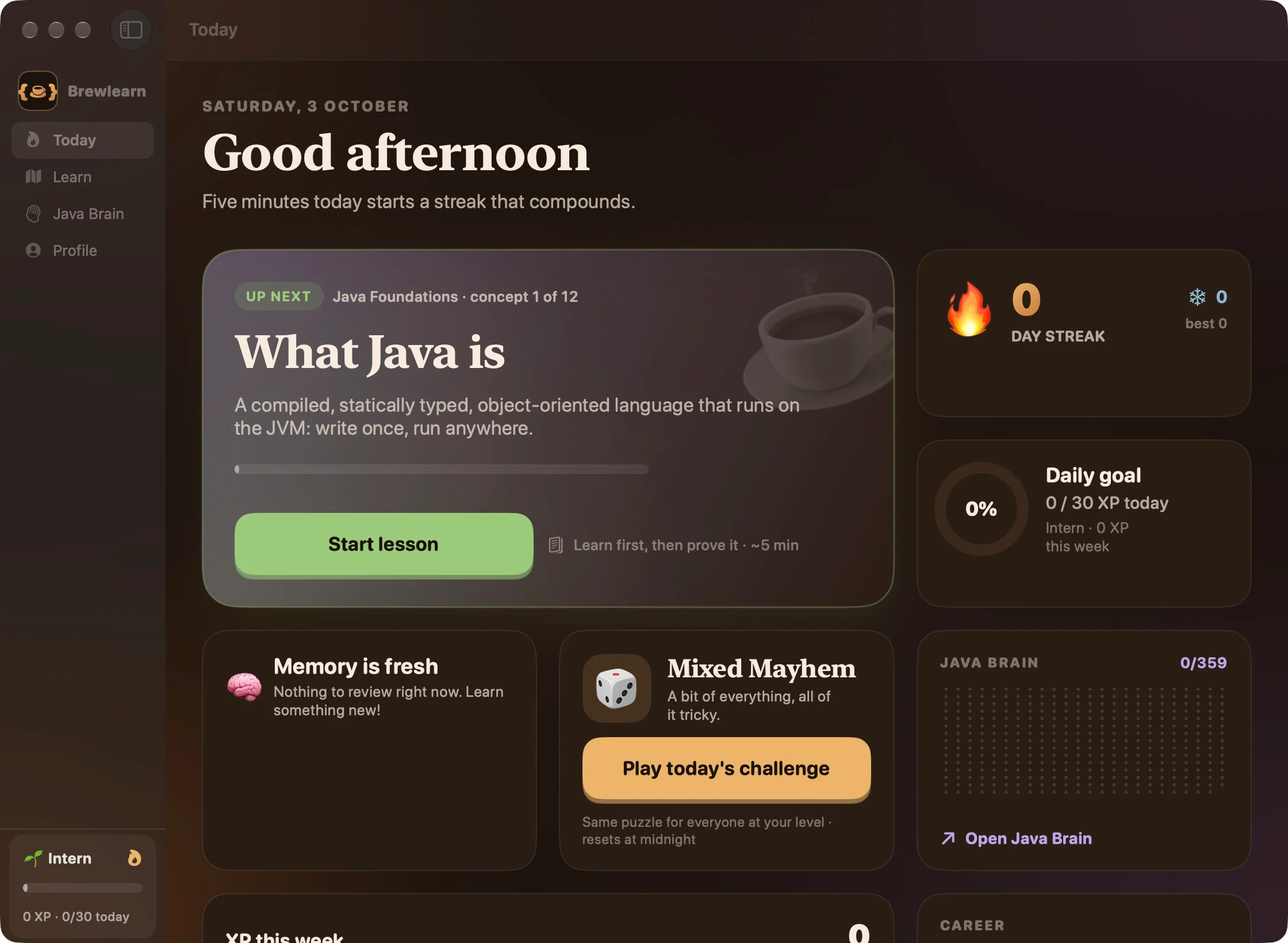 Brewlearn dashboard on Mac with next lesson, streak, daily goal and weekly XP